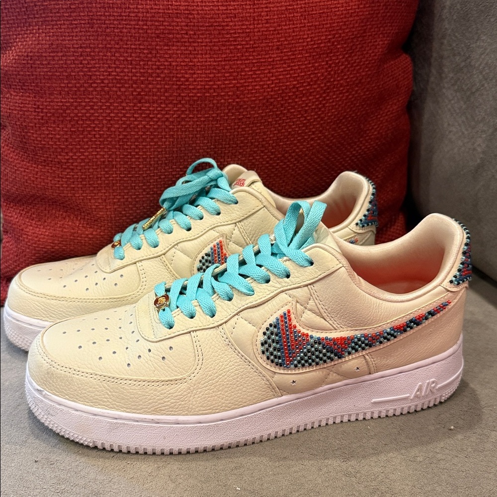 Nike / Uncommon goods  Beaded Sneakers with Turquoise Laces Air Force ones